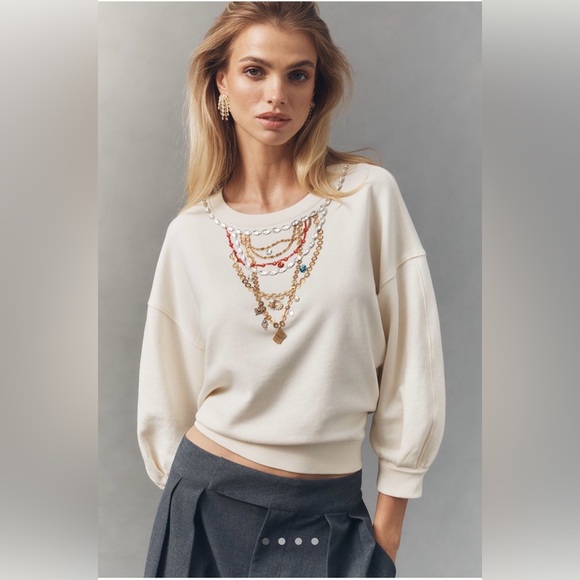 MWT Maeve Bubble Sleeve Crop Cotton Sweater L - Picture 5 of 9